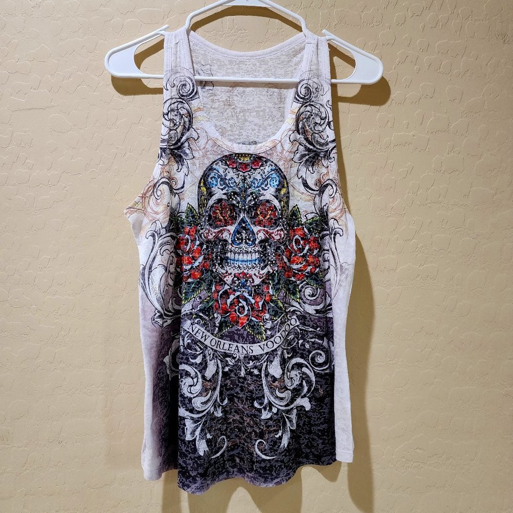 New Orleans Voodoo Skull Roses Rhinestone Racerback Tank Top Shirt XL